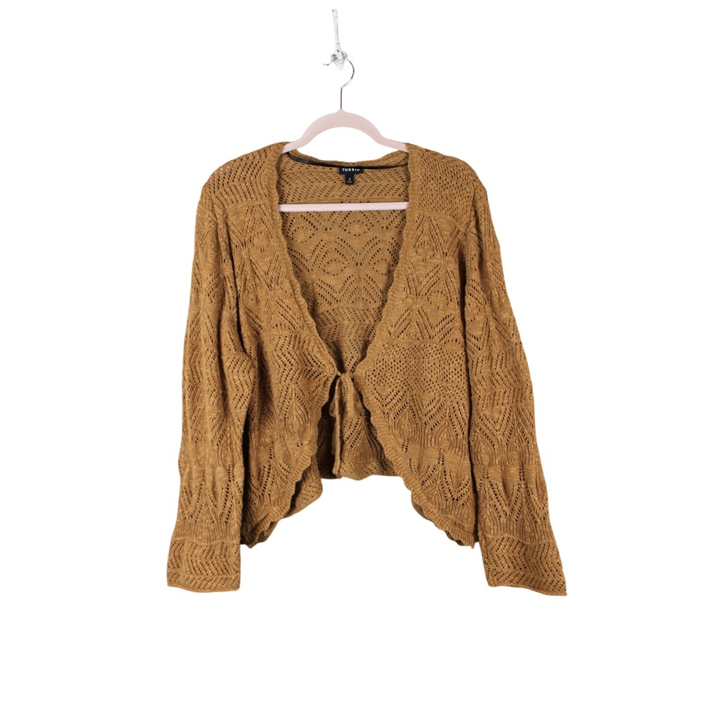Torrid Boho Cottagecore Brown Open Knit V-Neck Tie Front Shrug Sweater 3X